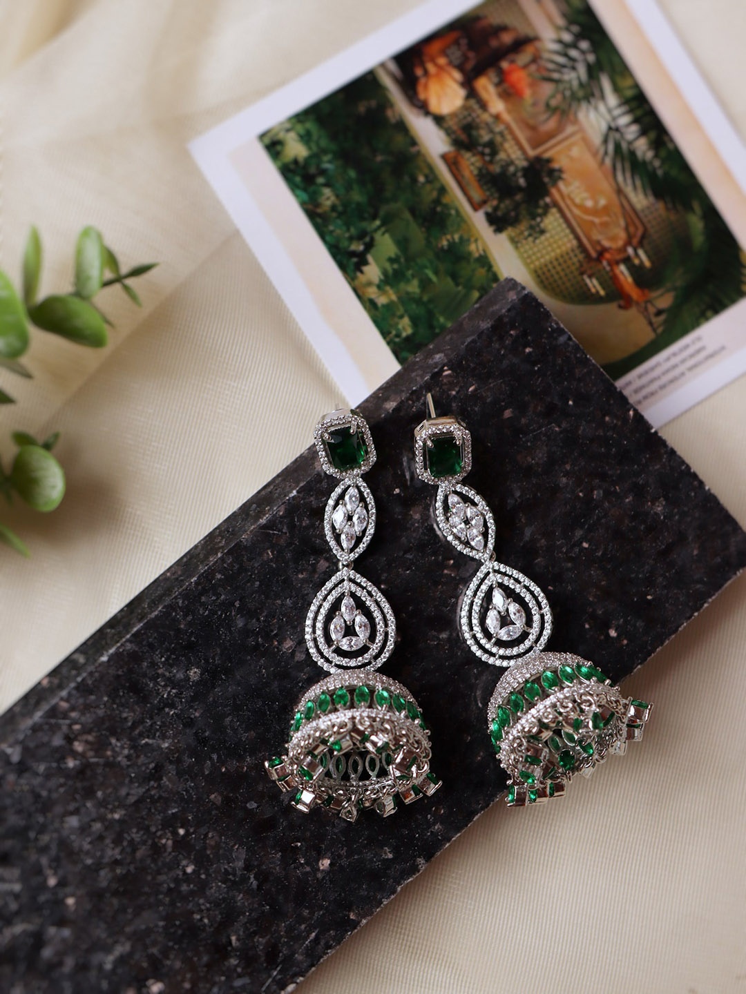 

CURIO COTTAGE Green & Silver-Toned Contemporary Jhumkas Earrings