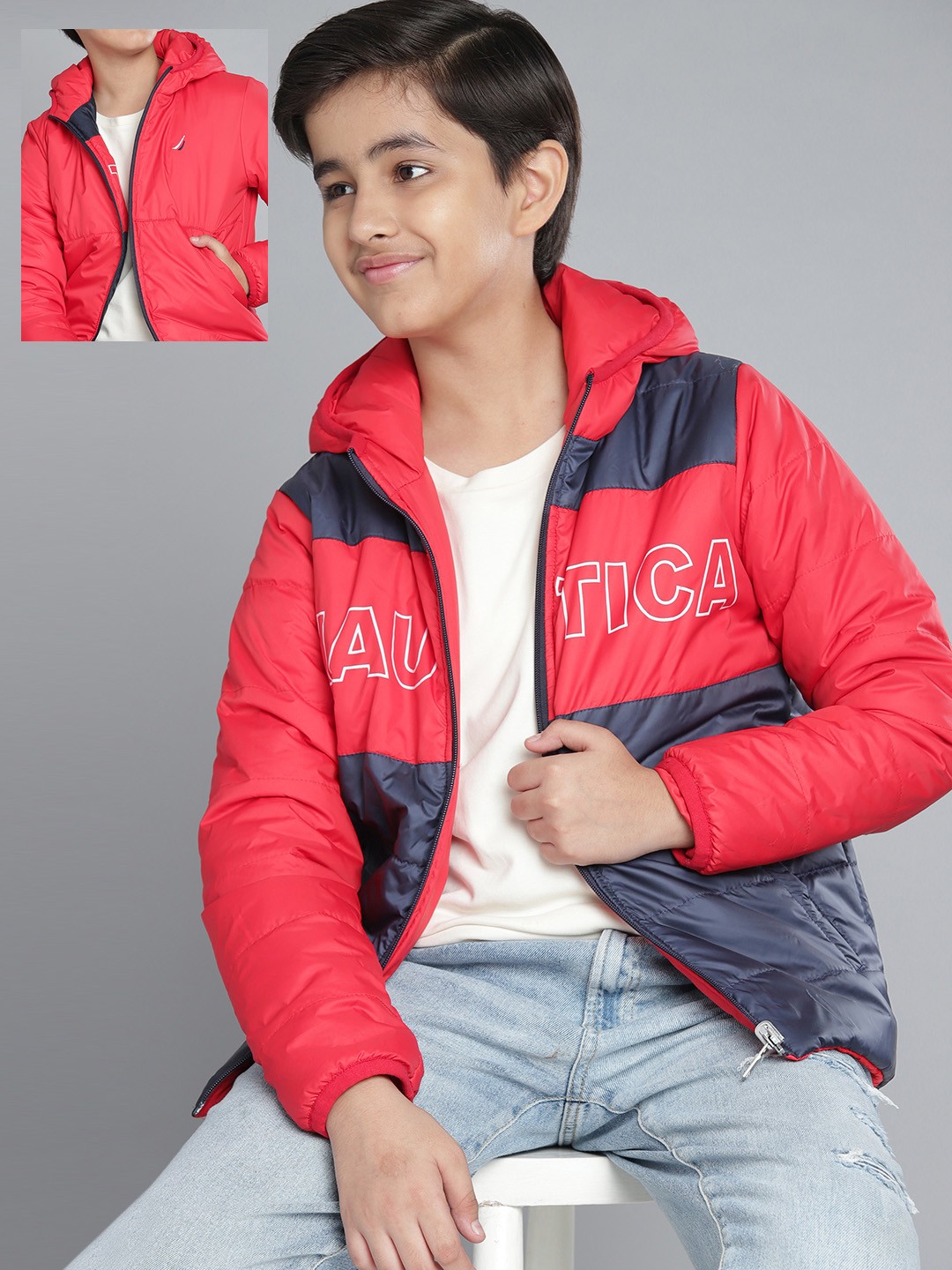 

Nautica Boys Navy Blue & Red Colourblocked Reversible Padded Jacket