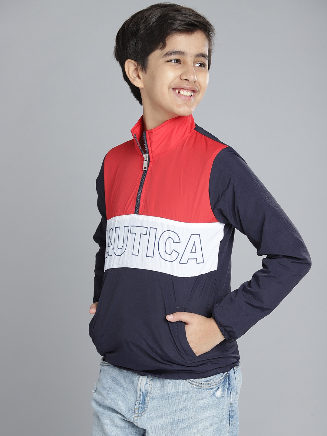 

Nautica Boys Navy Blue & Red Colourblocked Mock Collar Tailored Jacket