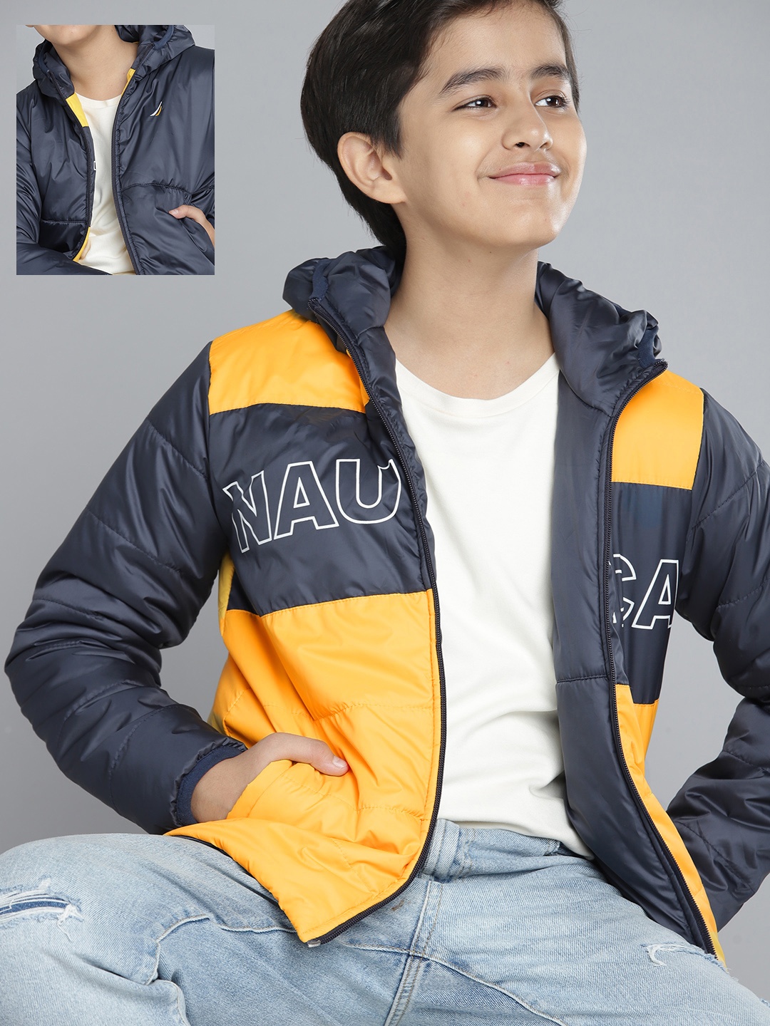 

Nautica Boys Yellow & Navy Blue Colourblocked Reversible Hooded Padded Jacket