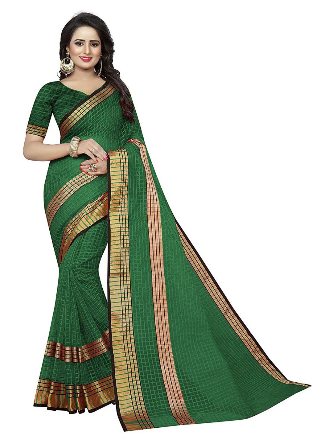 

Florence Green & Gold-Toned Checked Zari Saree