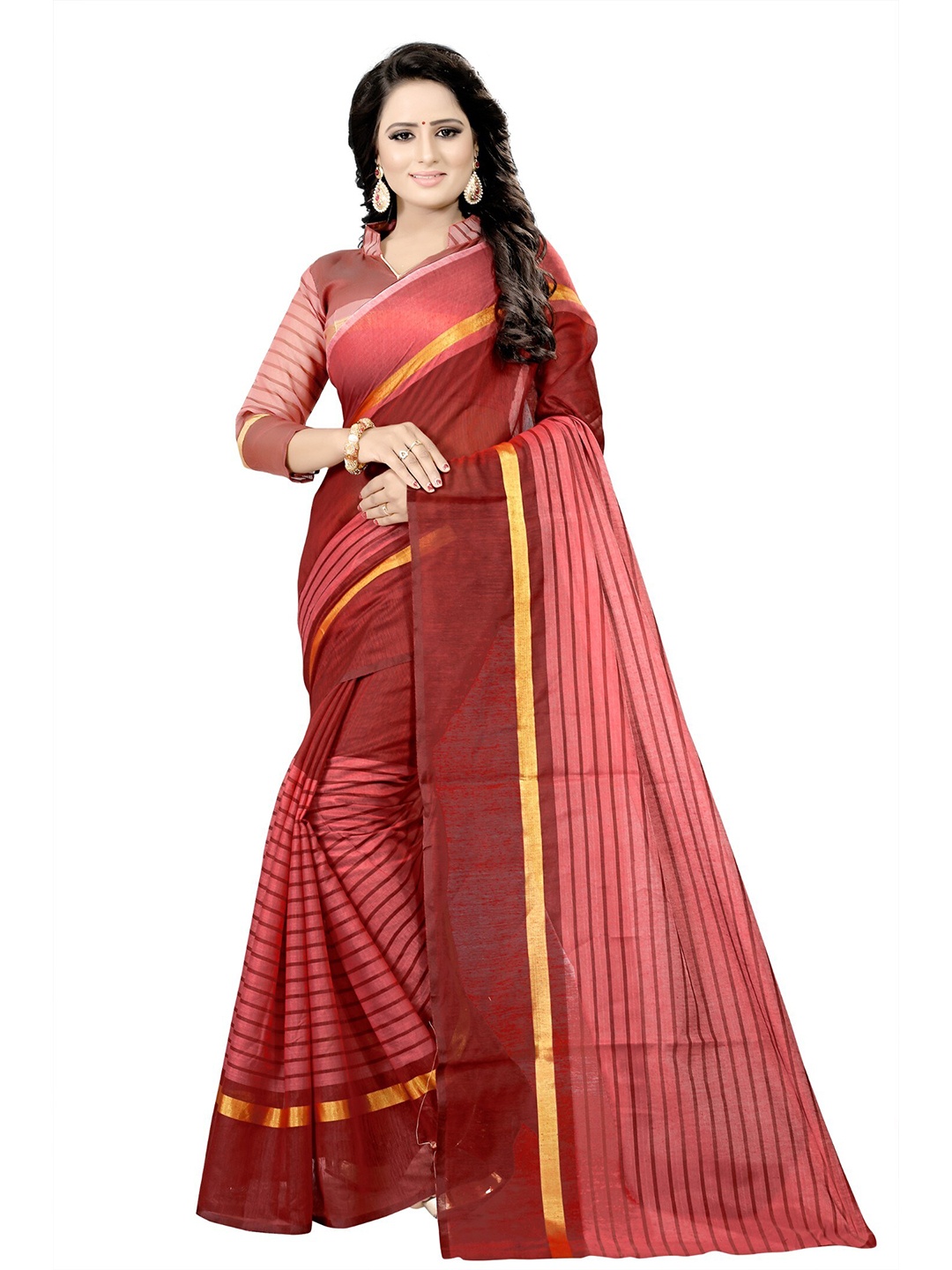

Florence Maroon & Gold-Toned Striped Saree