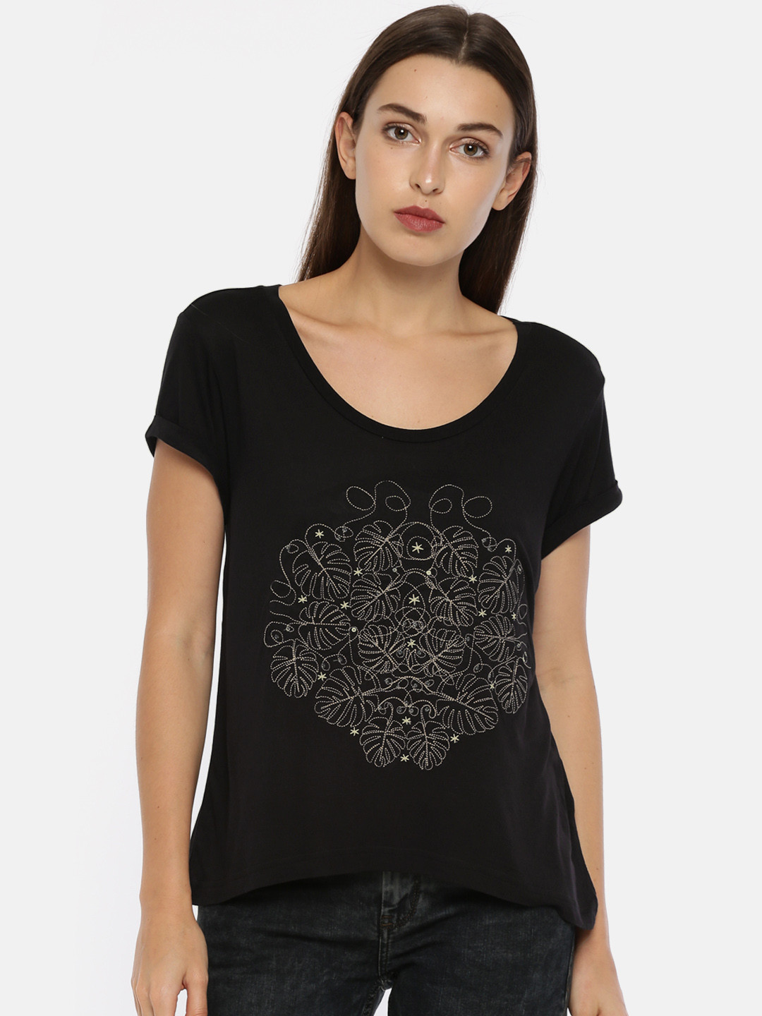 

Ed Hardy Women Black Self Design Round Neck T-shirt