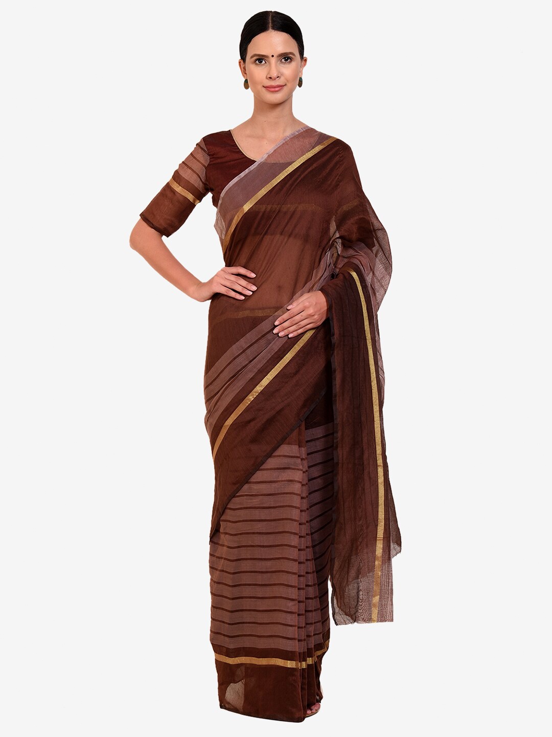

Florence Coffee Brown & Golden Striped Cotton Silk Saree