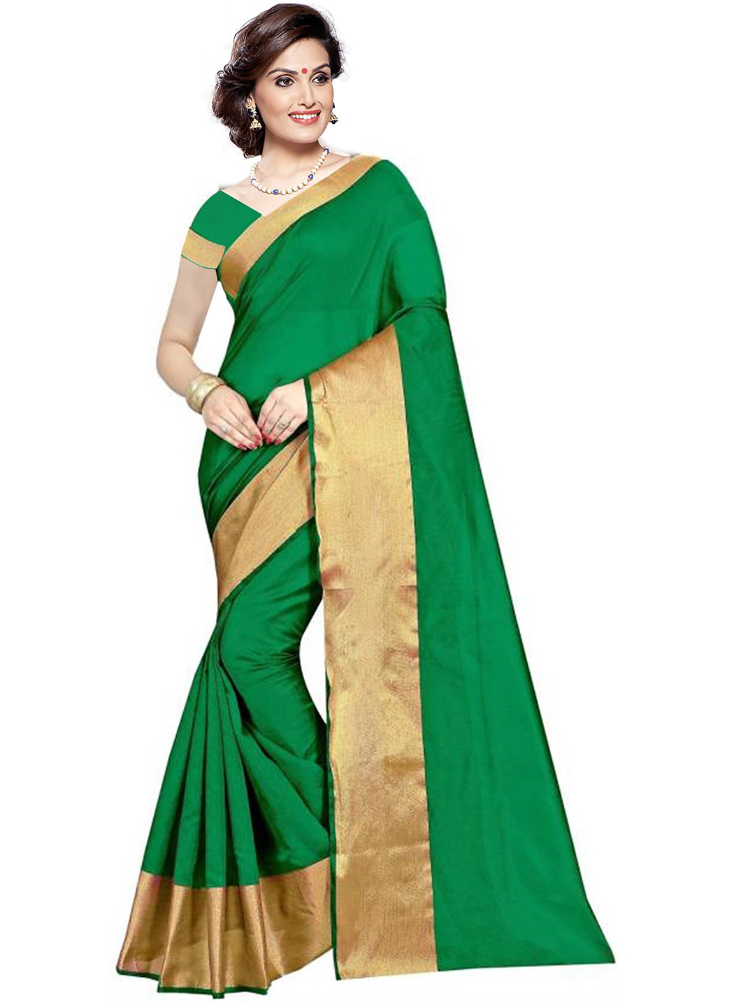 

Florence Green & Golden Cotton Silk Saree With Zari Border