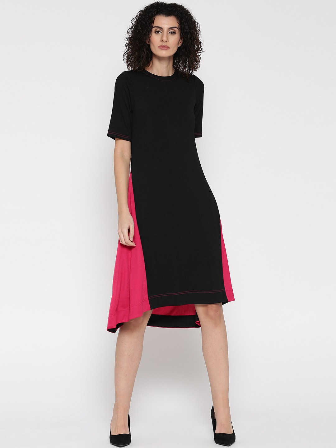 

Global Desi Women Black & Magenta Colourblocked A-Line Dress