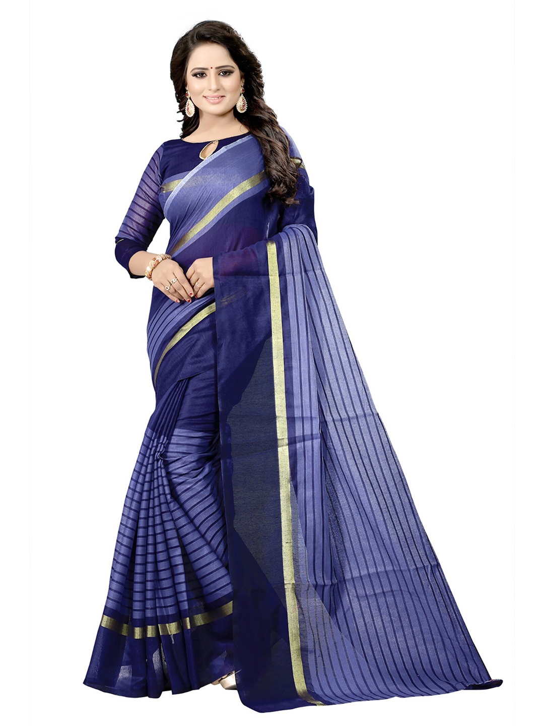 

Florence Navy Blue & Gold-Toned Striped Saree