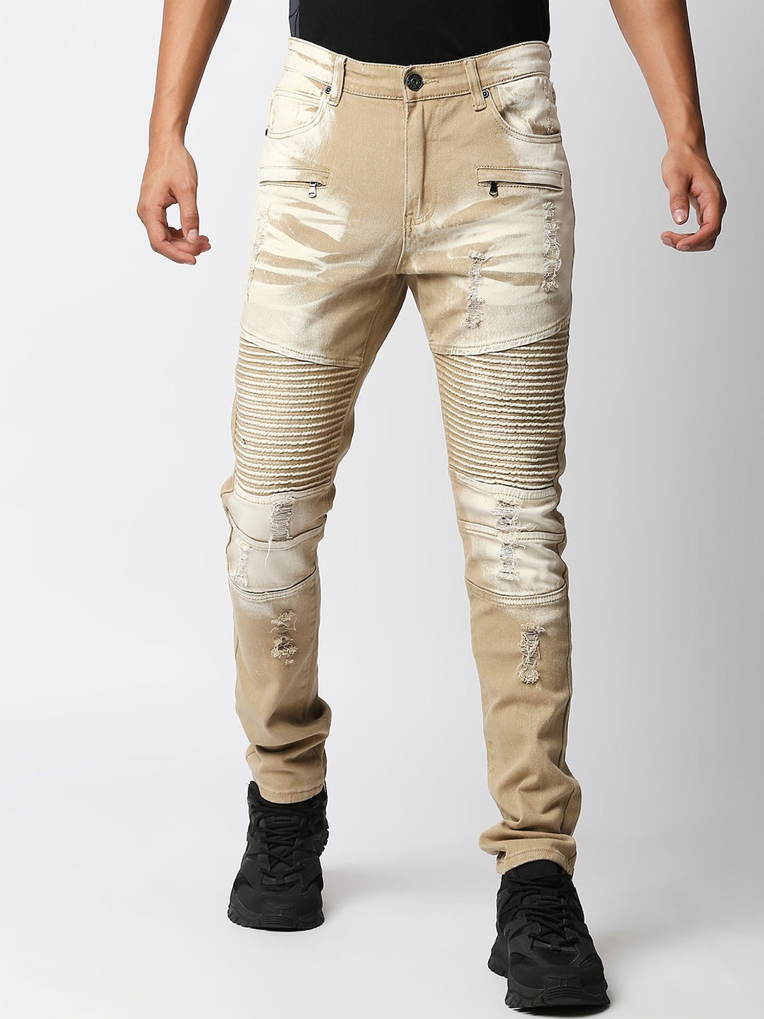 

WAIMEA Men Khaki Skinny Fit Mildly Distressed Stretchable Bikers Jeans