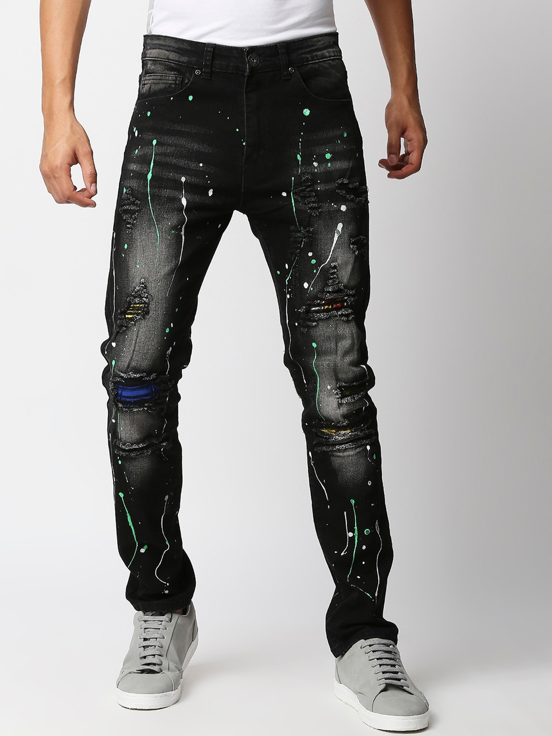 

WAIMEA Men Black Skinny Fit Highly Distressed Heavy Fade Jeans Patched with Paint