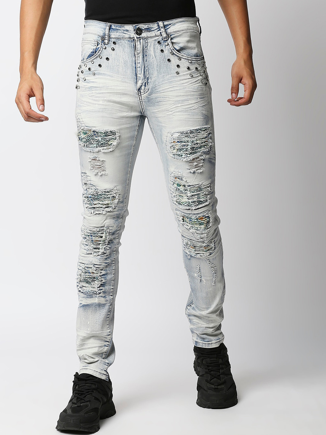 

WAIMEA Men Blue Skinny Fit Slash Knee Heavy Fade Embellished Stretchable Jeans