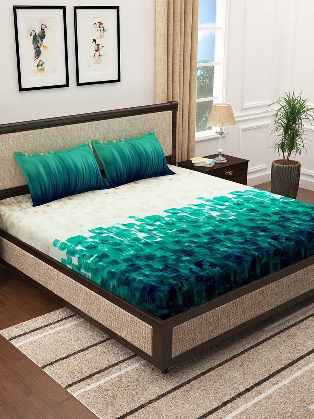 

Story@home Teal & Cream-Coloured 300 TC Cotton King Bedsheet with 2 Pillow Covers