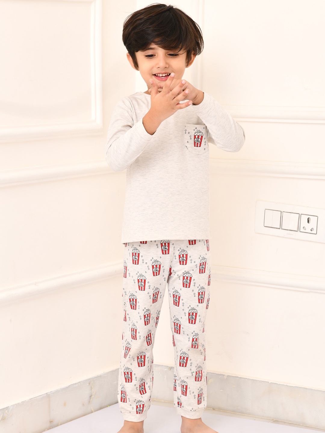 

Anthrilo Boys Grey Melange & Red Printed Cotton Night suit