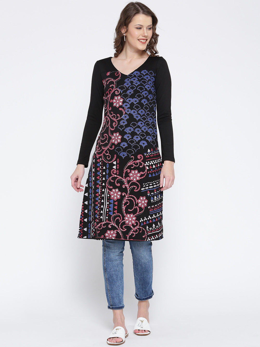 

Global Desi Women Black Printed A-Line Kurta
