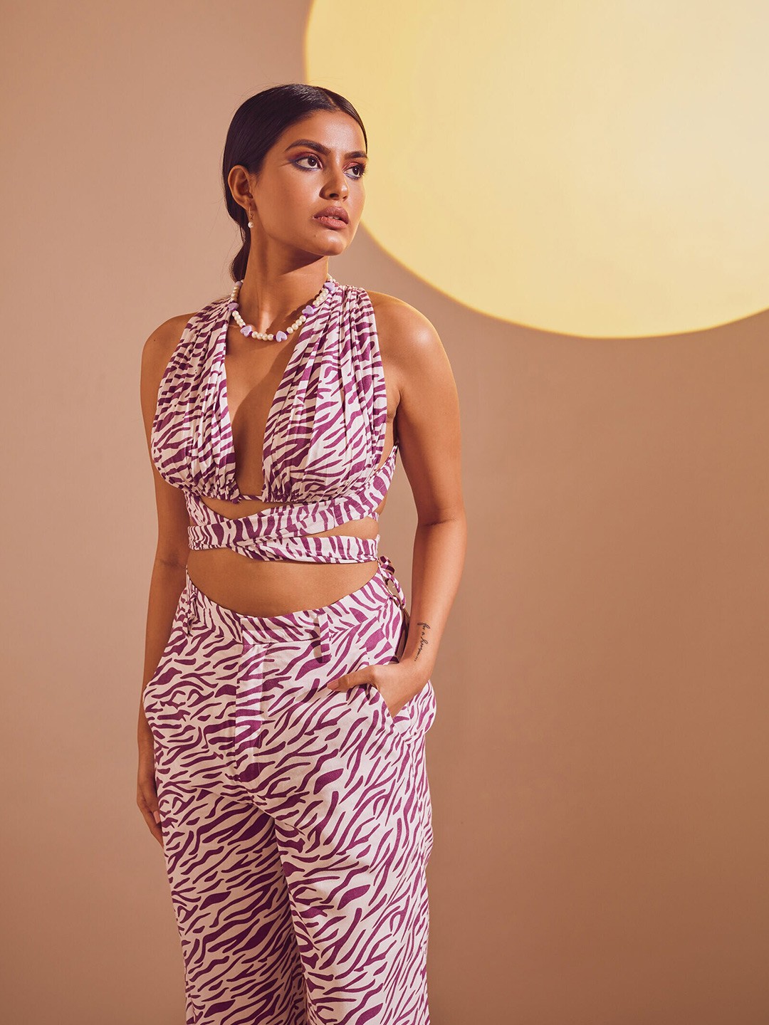 THE CLOTHING FACTORY Lavender Animal Printed Pure Cotton Crop Bralette Top