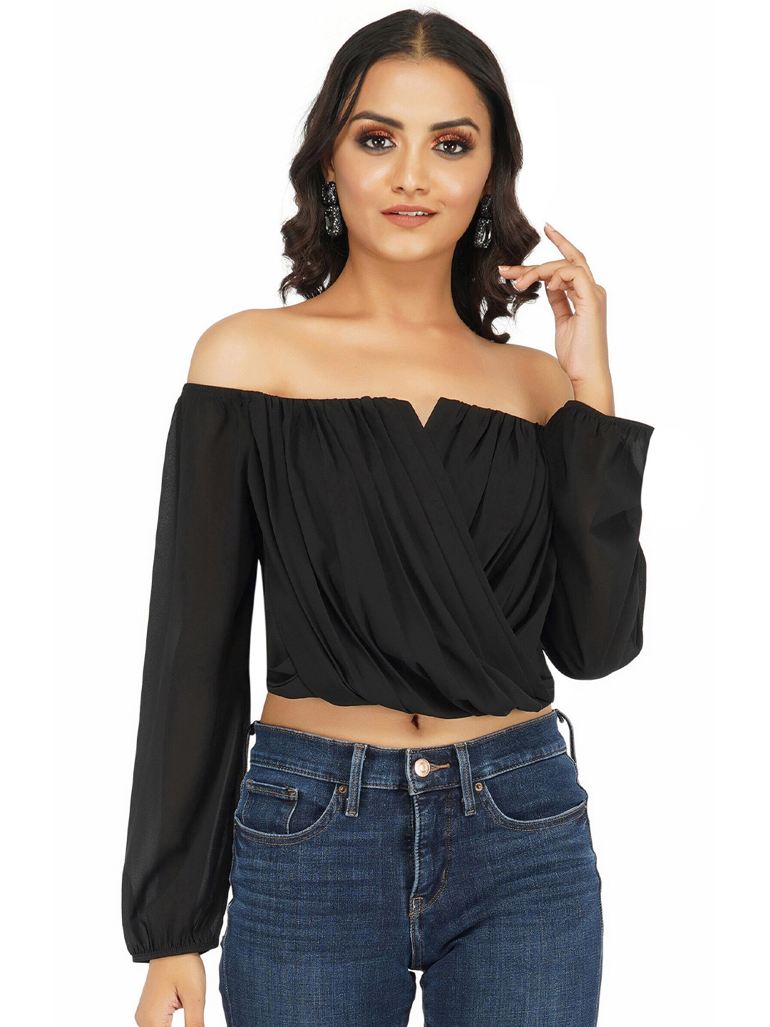 

THE CLOTHING FACTORY Black Off-Shoulder Georgette Crop Bardot Top
