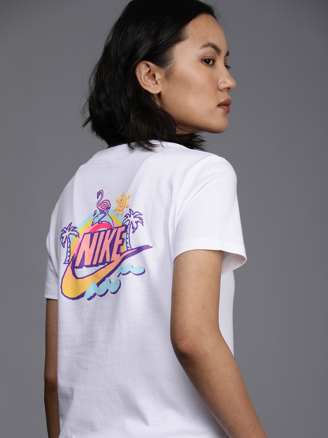 

Nike Women White & Purple Brand Logo Printed Pure Cotton Top