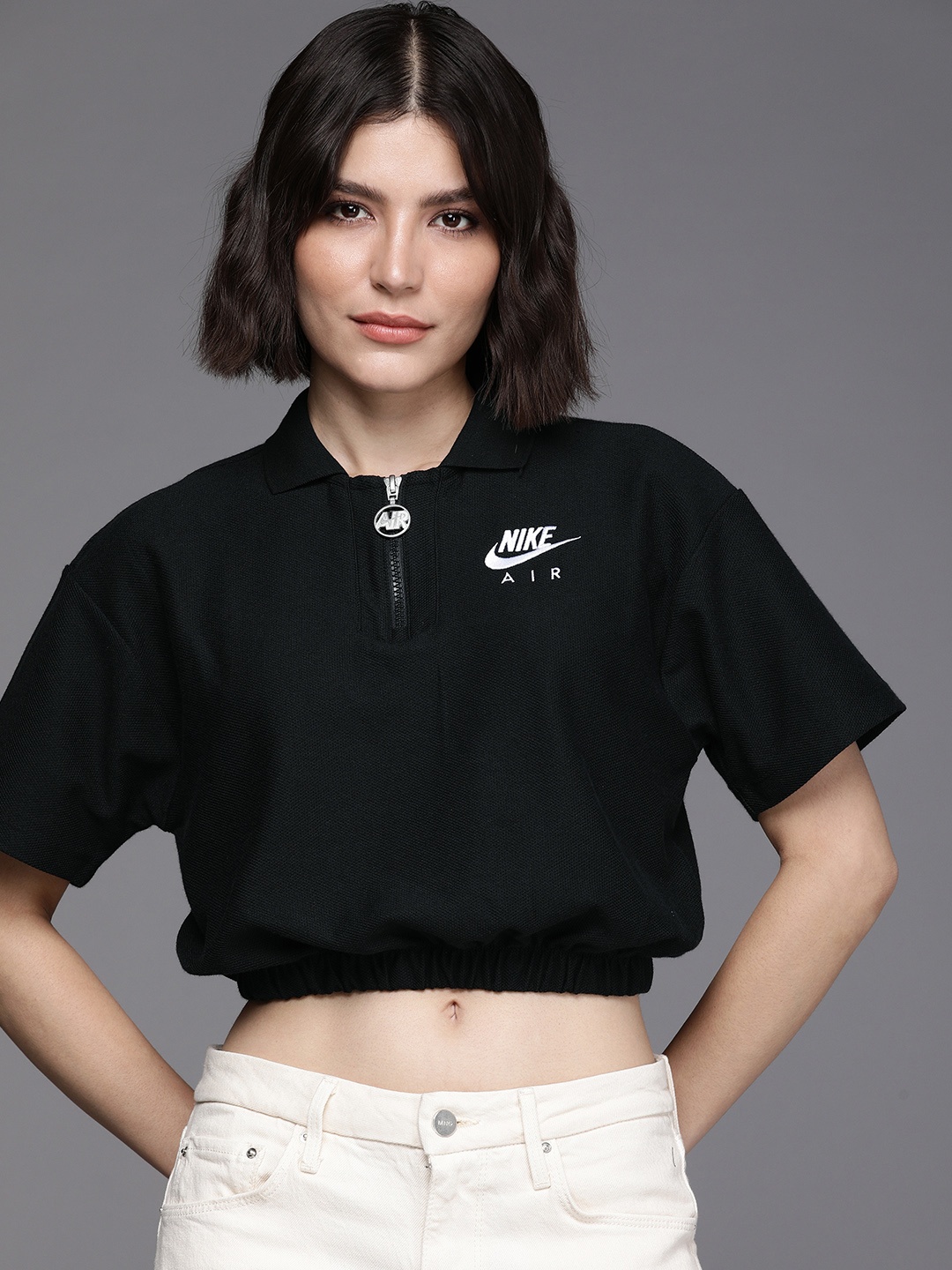 

Nike Women Black & White Brand Logo Embroidered AS W NSW Air Pique Crop Top