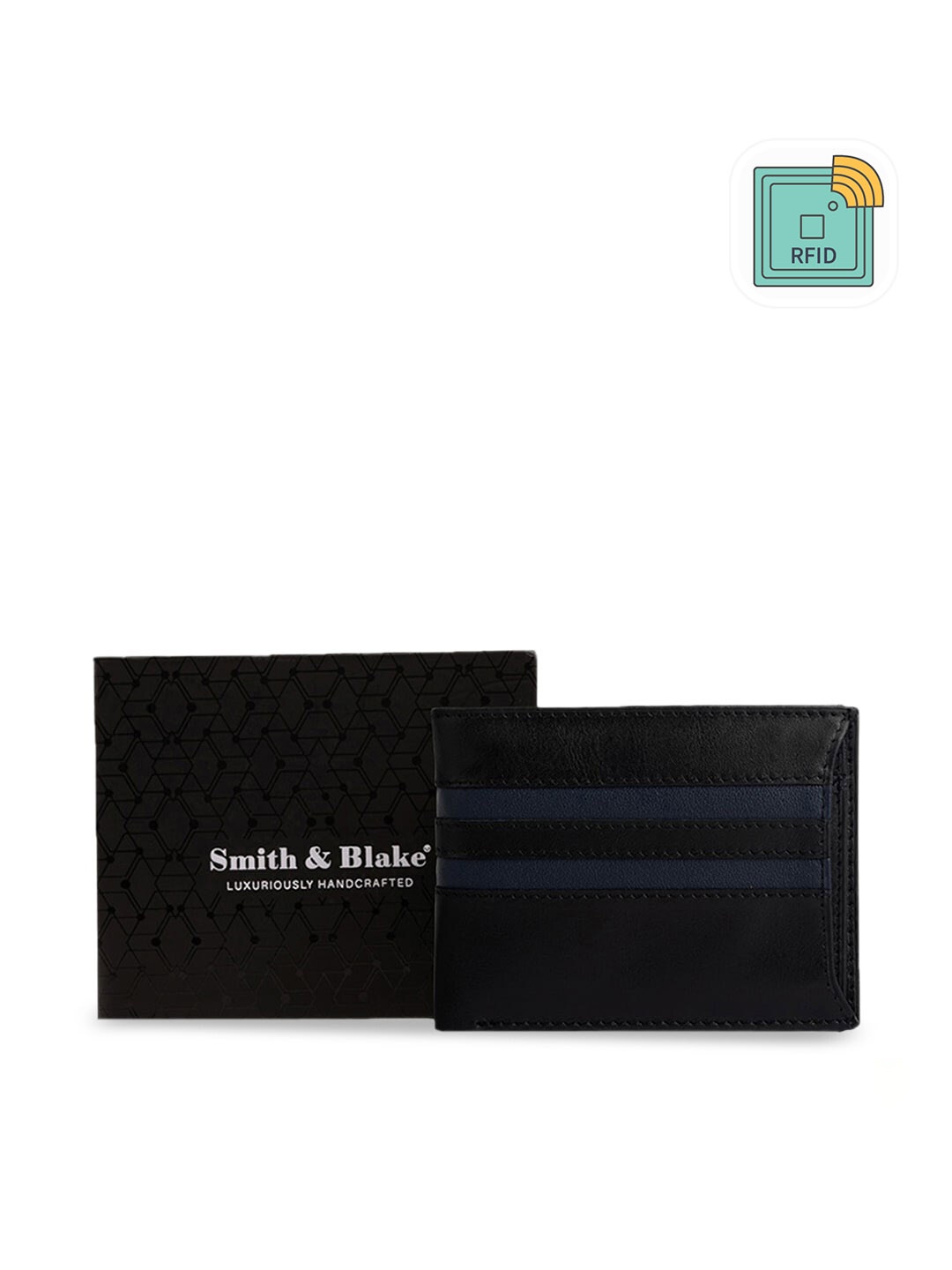 

Smith & Blake Unisex Black & Navy Blue Zip Detail Leather Two Fold Wallet