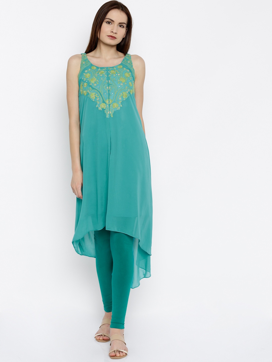 

Global Desi Women Turquoise Blue Embroidered A-Line Kurta