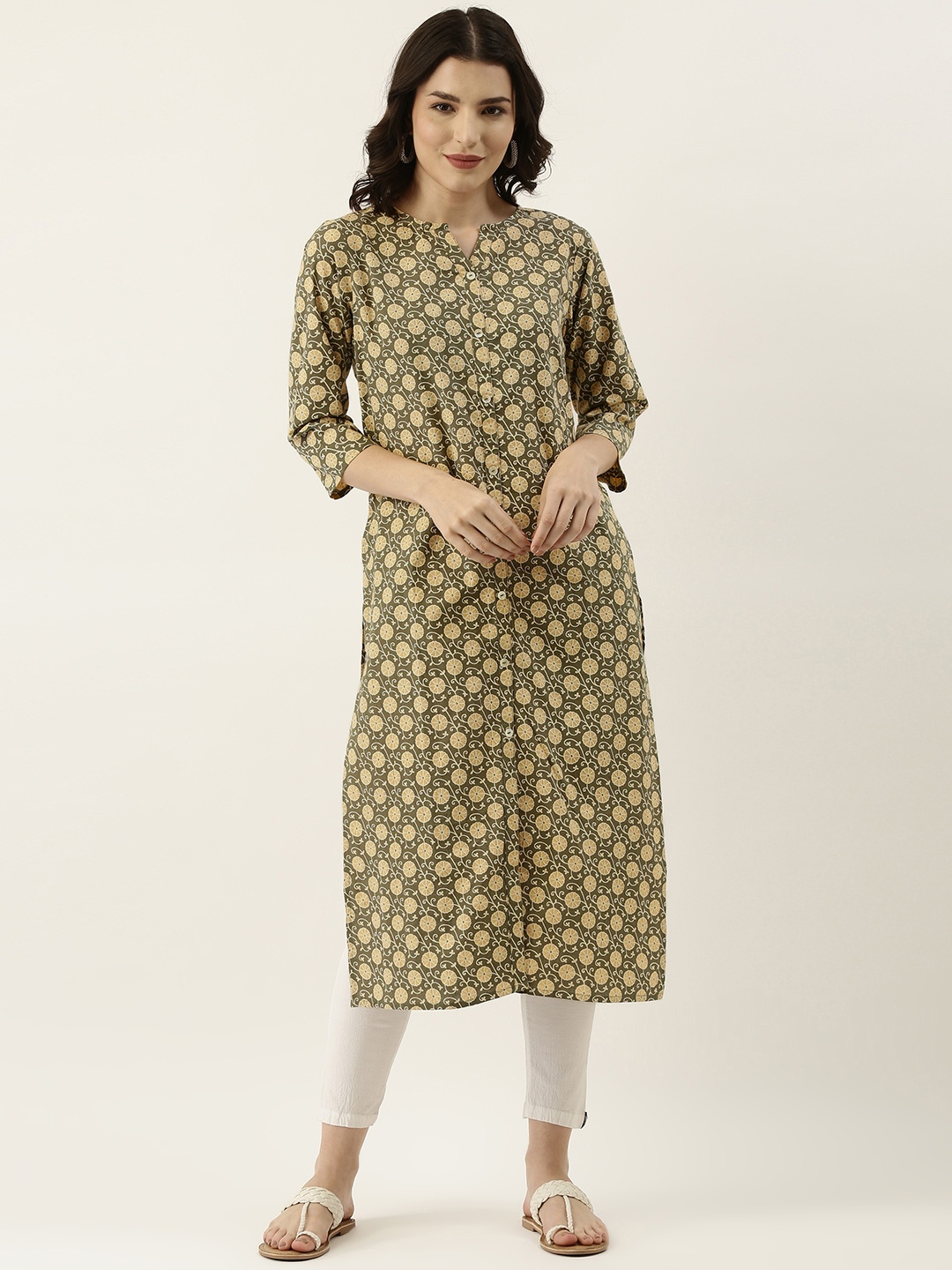 

RangDeep Women Olive Green & Beige Ethnic Motifs Printed Cotton Kurta