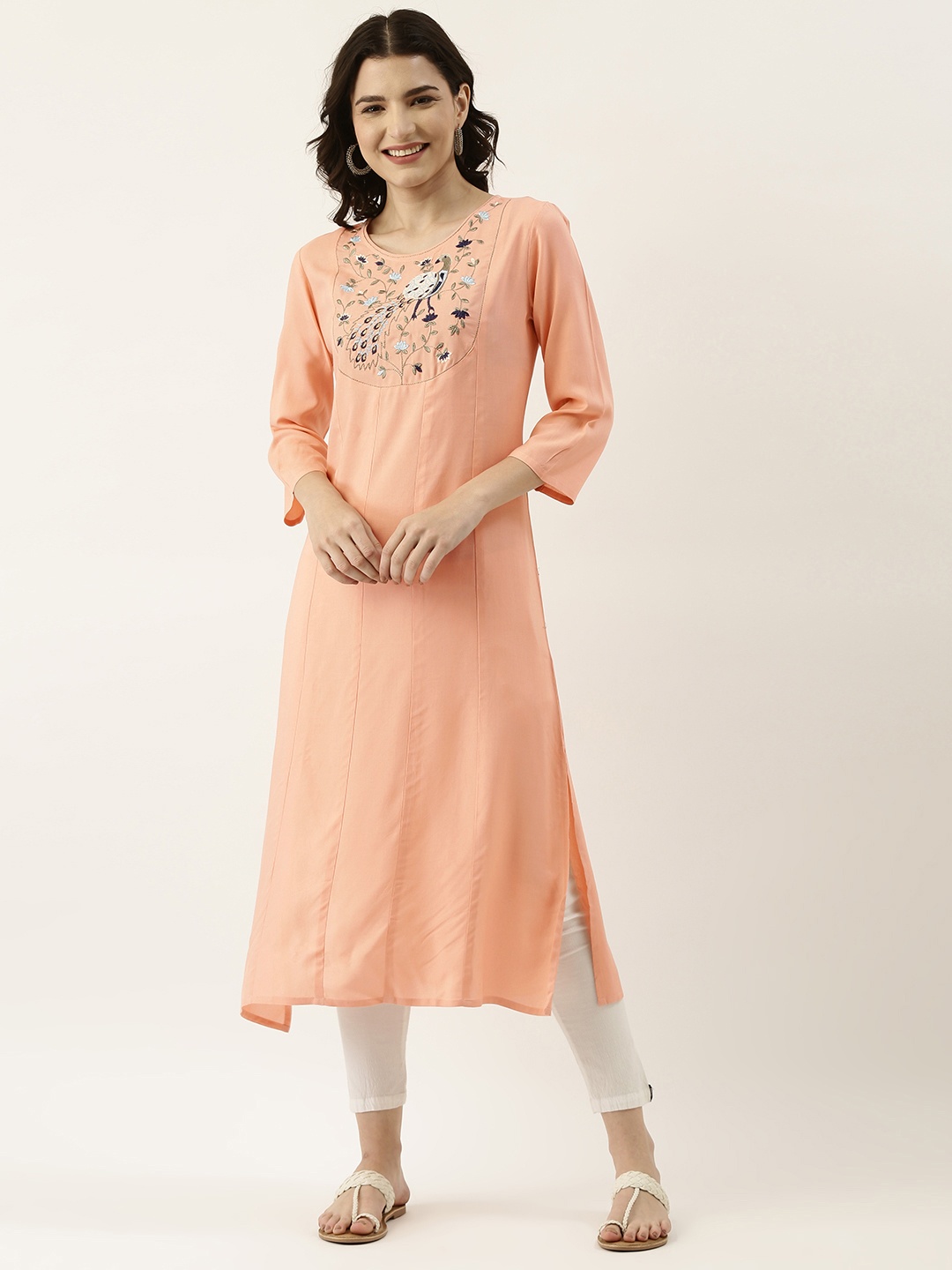 

RangDeep Women Peach-Coloured & Navy Blue Yoke Embroidered Kurta