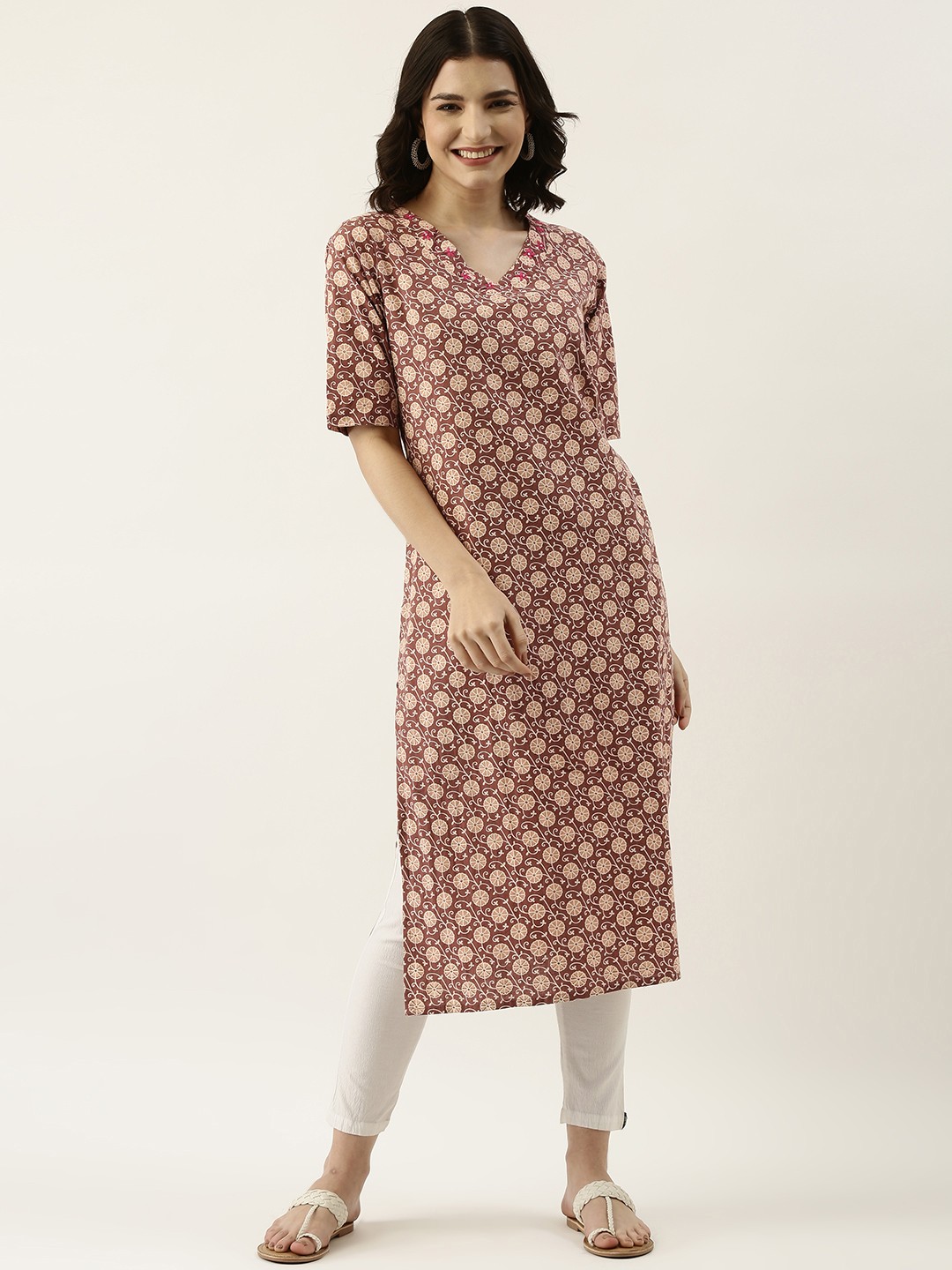 

RangDeep Women Brown & Beige Ethnic Motifs Printed Thread Work Cotton Kurta