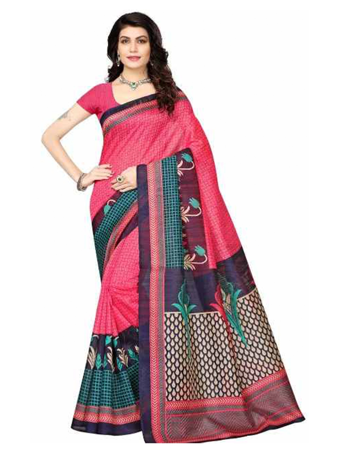 

AADVIKA Women Pink Floral Print Mysore Silk Saree
