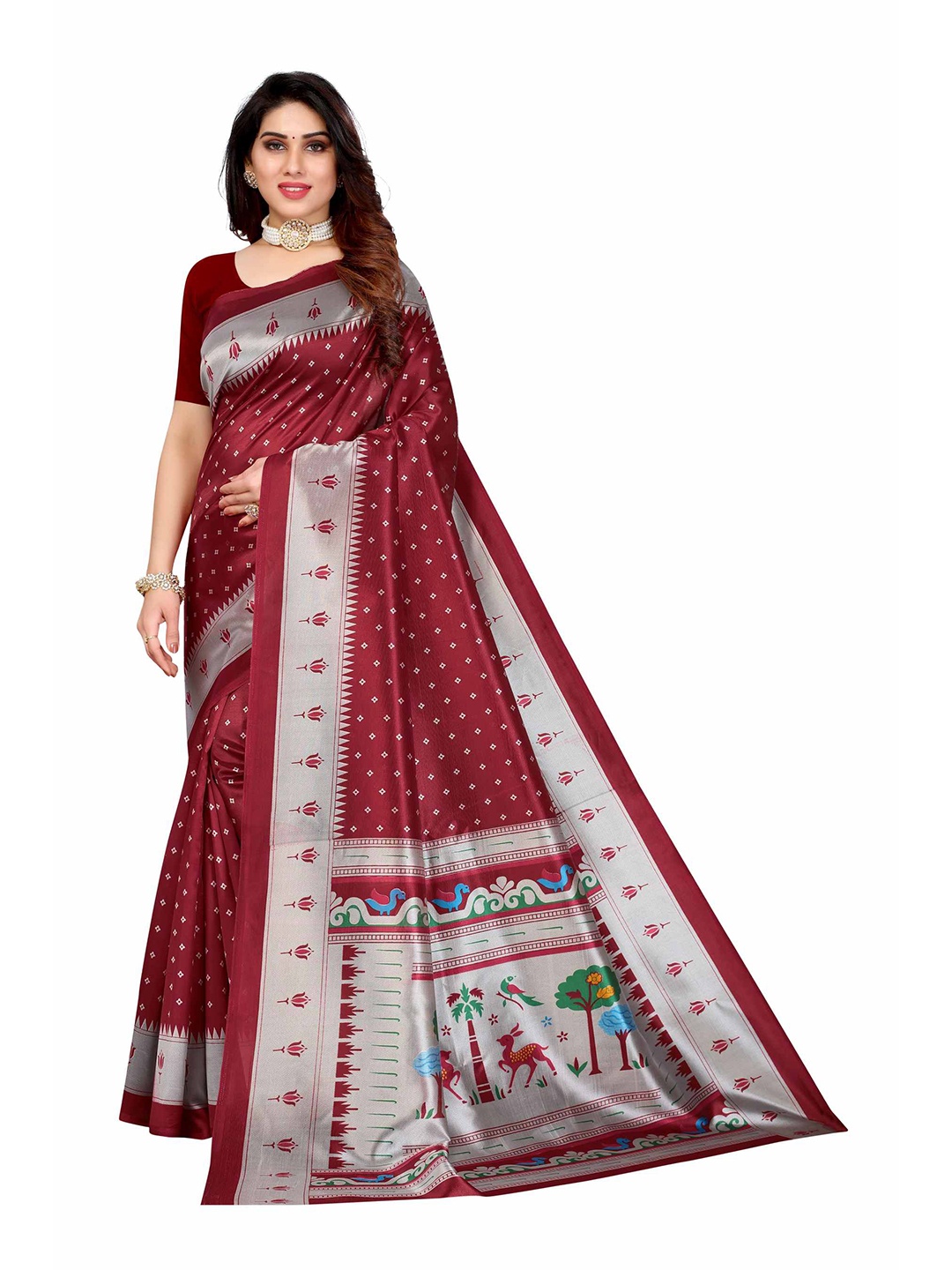 

AADVIKA Maroon & Silver-Toned Floral Art Silk Mysore Silk Saree