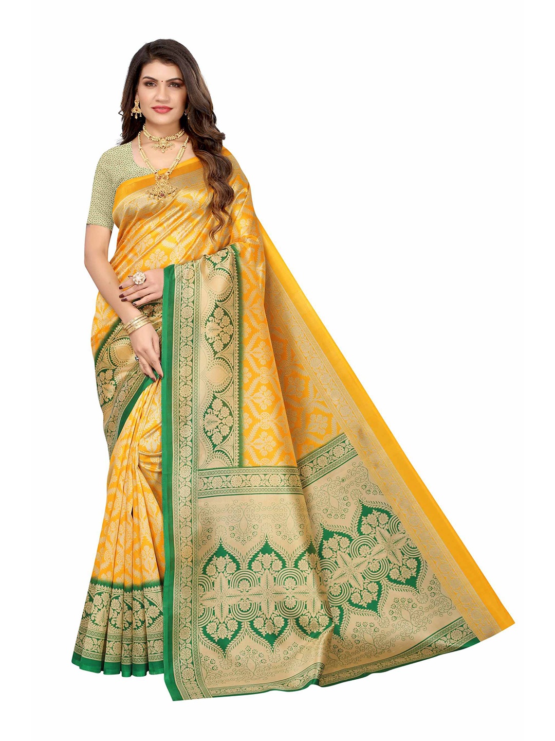 

AADVIKA Yellow & Green Floral Mysore Silk Saree