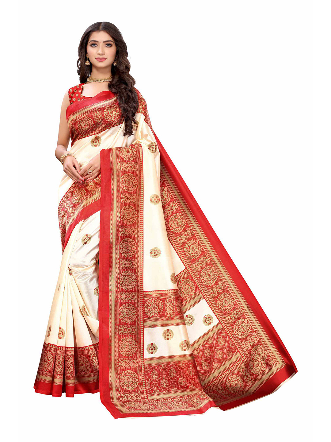 

AADVIKA Red & Off White Ethnic Motifs Art Silk Mysore Silk Saree