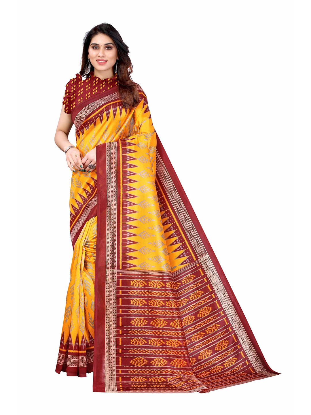 

AADVIKA Yellow & Red Ethnic Motifs Art Silk Saree