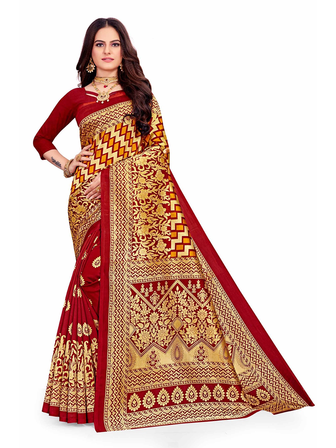 

AADVIKA Red & Golden Ethnic Motifs Art Silk Saree