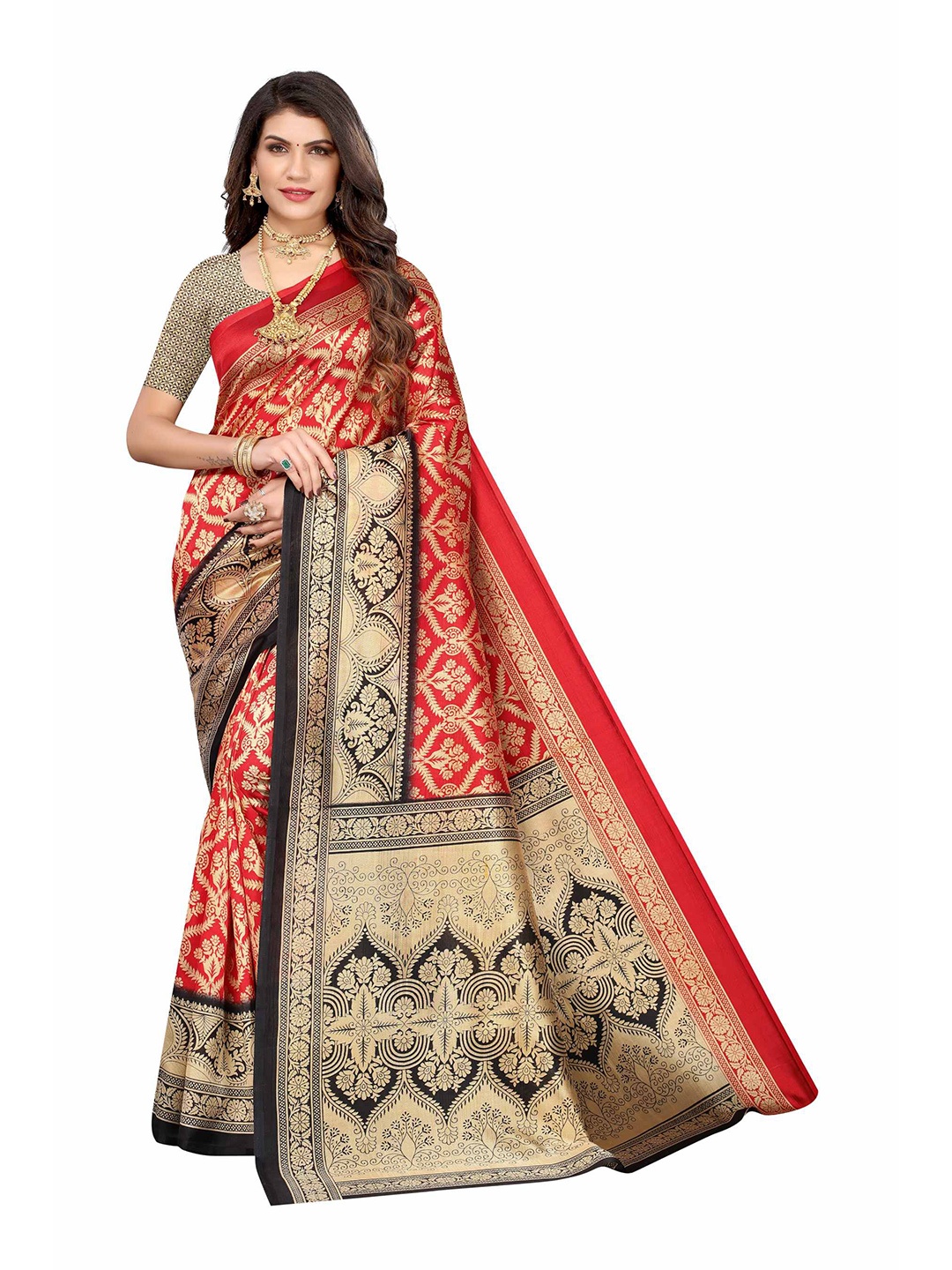 

AADVIKA Red & Black Floral Mysore Silk Saree