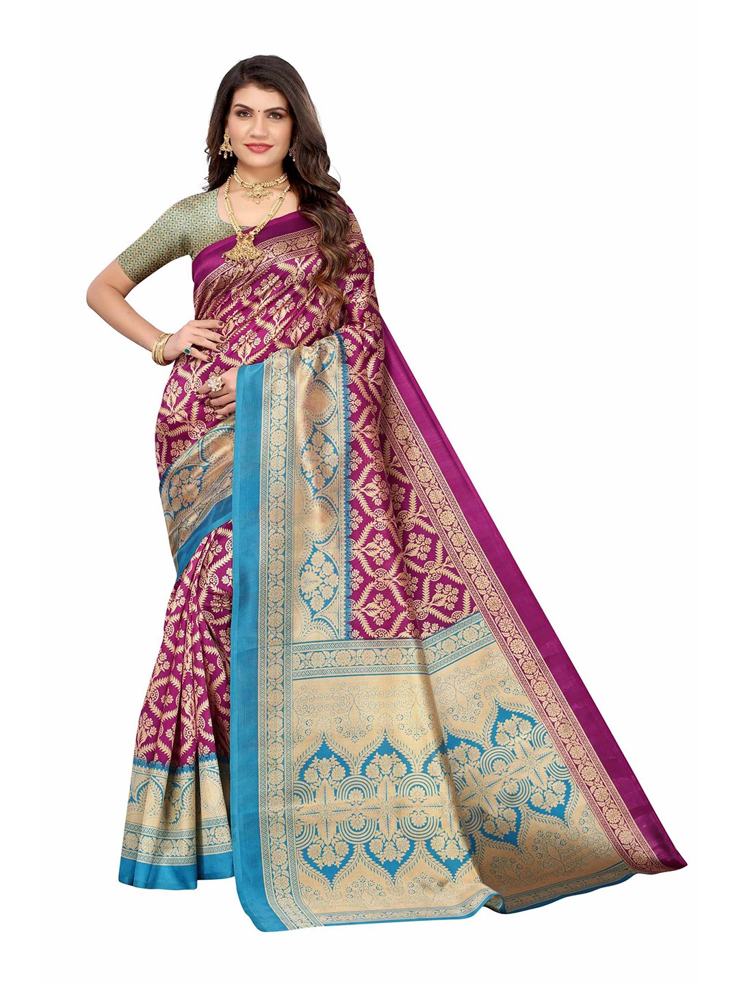 

AADVIKA Purple & Blue Floral Art Silk Mysore Silk Saree