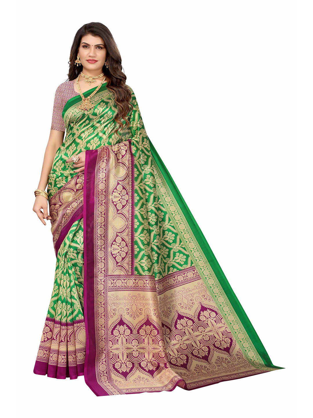 

AADVIKA Green & Golden Ethnic Motifs Art Silk Saree