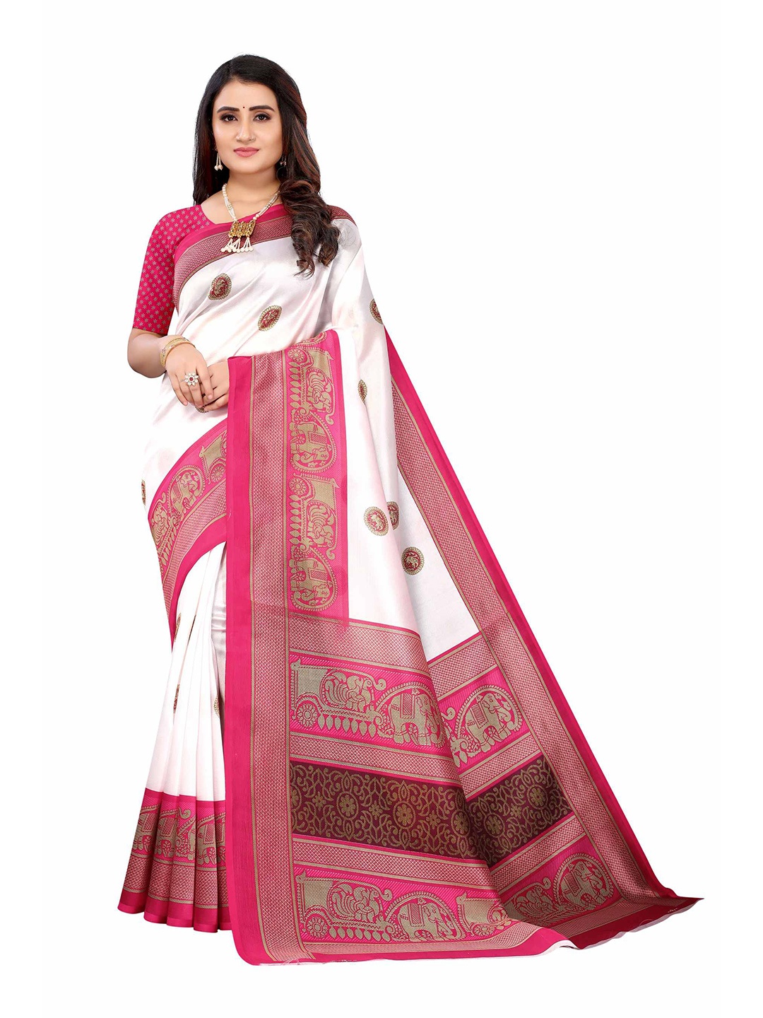 

AADVIKA Pink & White Floral Mysore Silk Saree