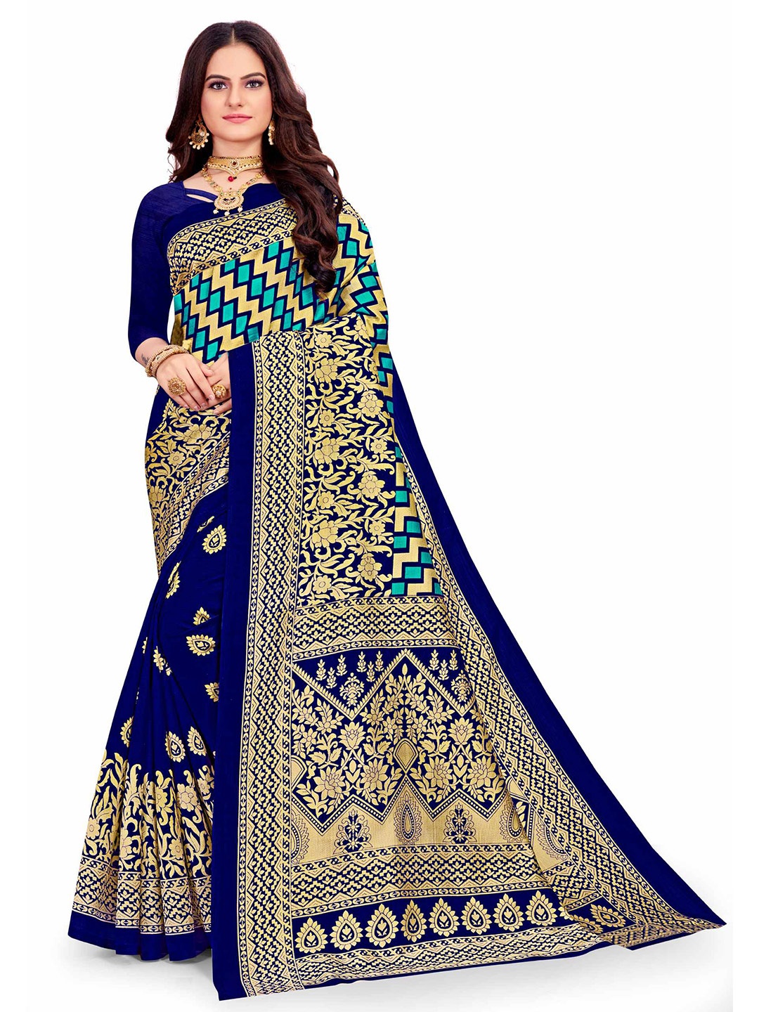 

AADVIKA Navy Blue & Gold-Toned Floral Art Silk Mysore Silk Saree