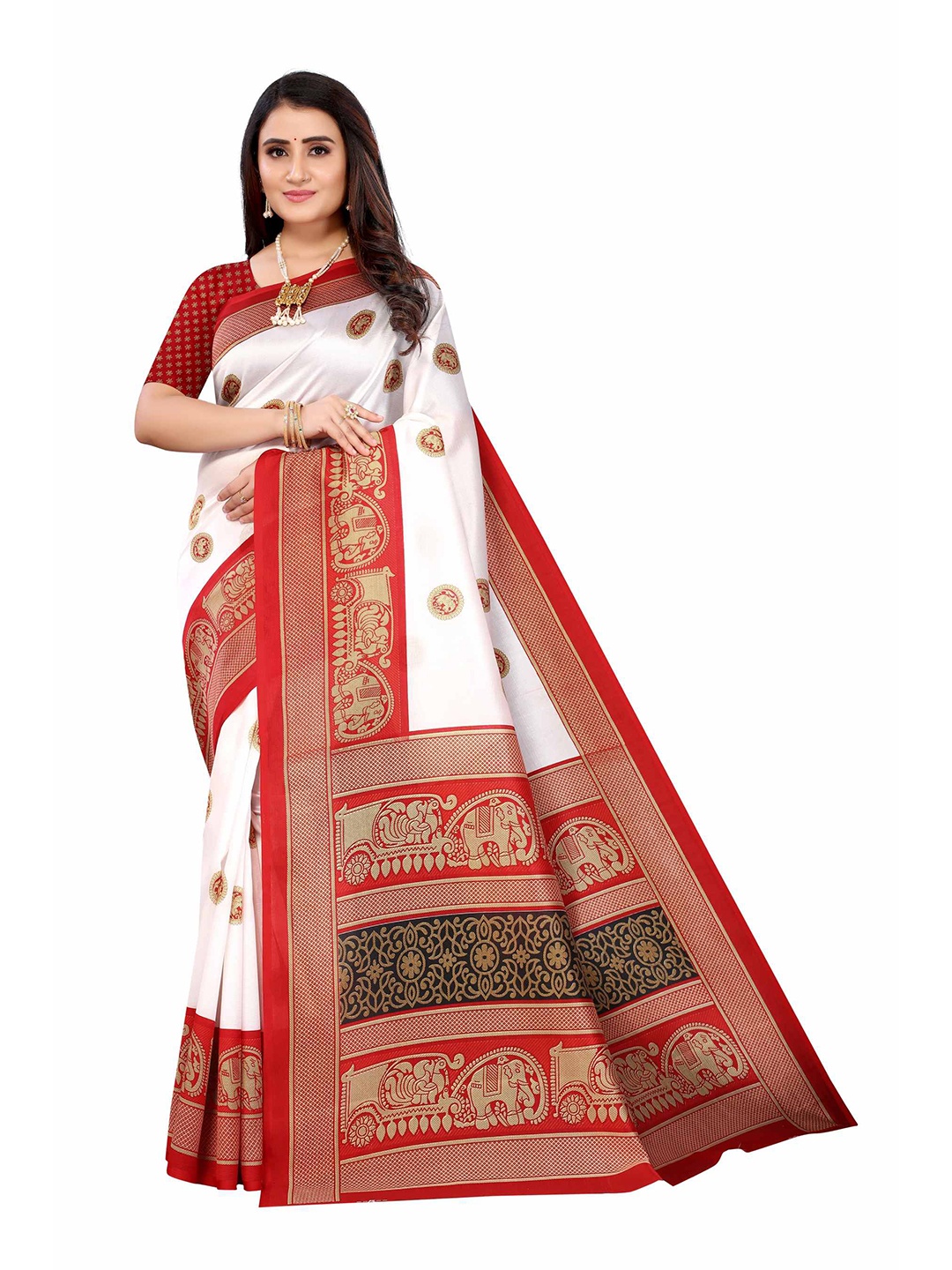 

AADVIKA Red & Gold-Toned Floral Art Silk Mysore Silk Saree