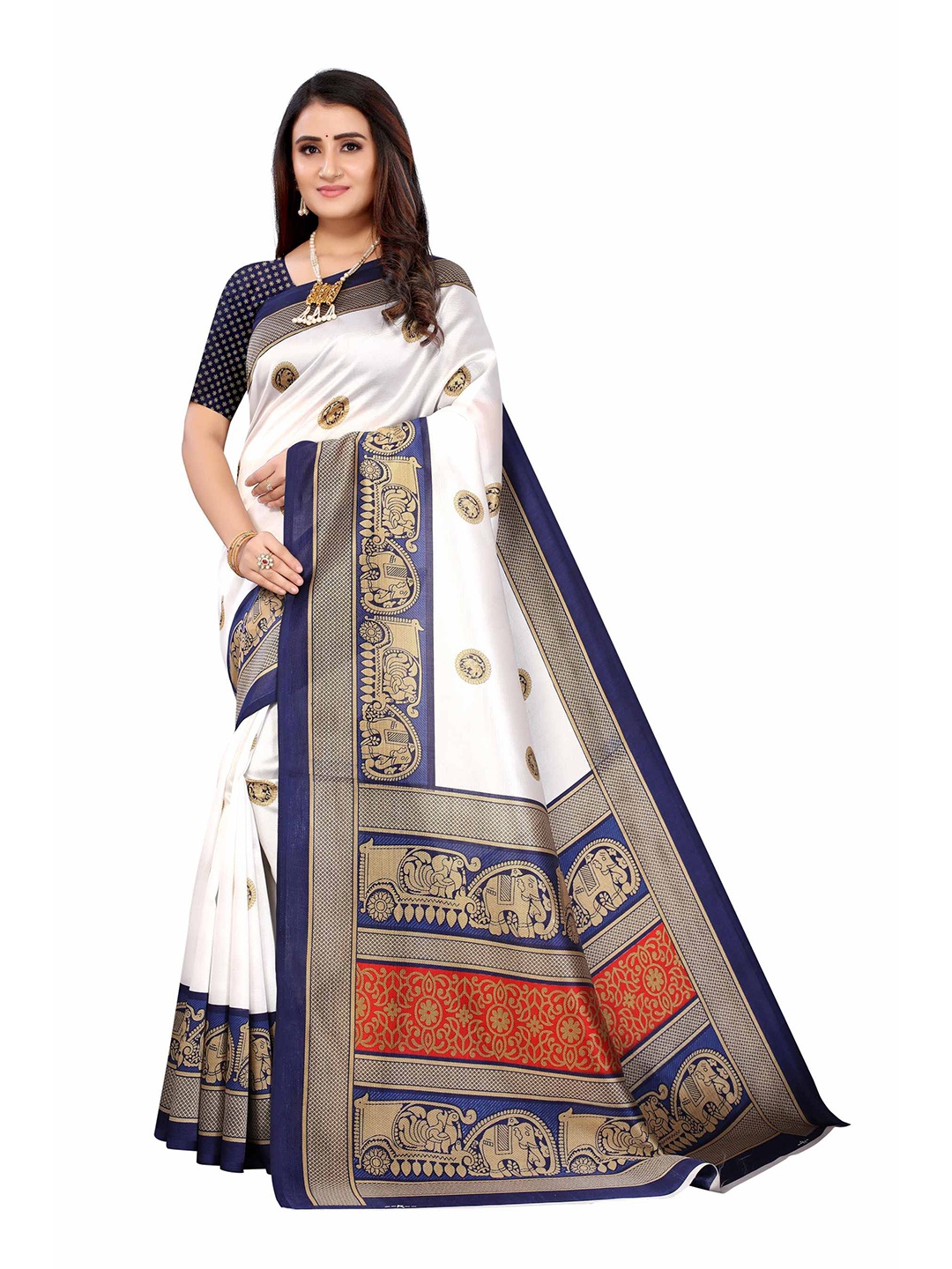 

AADVIKA Women Navy Blue Ethnic Motifs Print Mysore Silk Saree
