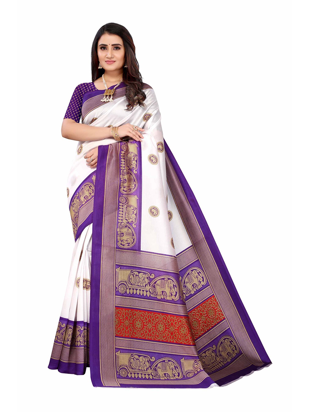 

AADVIKA White & Purple Ethnic Motifs Art Silk Saree