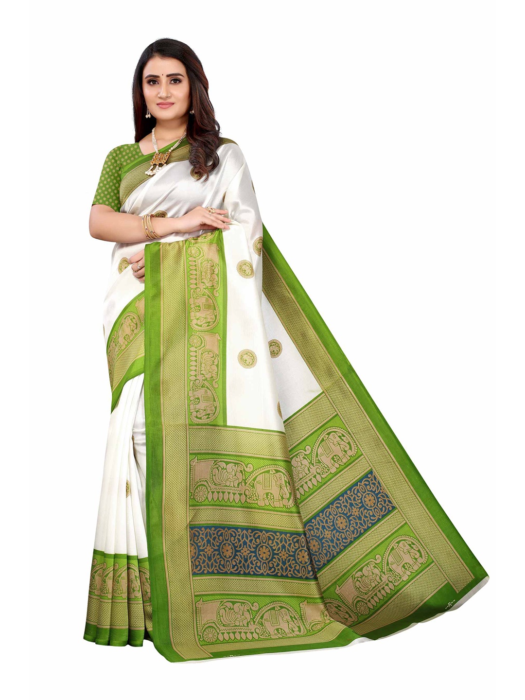 

AADVIKA Green & White Ethnic Motifs Mysore Silk Saree