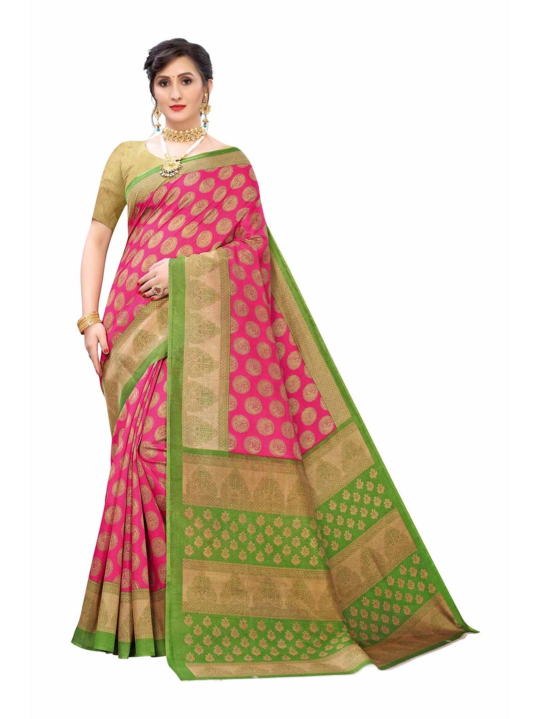 

AADVIKA Women Pink Ethnic Motifs Print Mysore Silk Saree