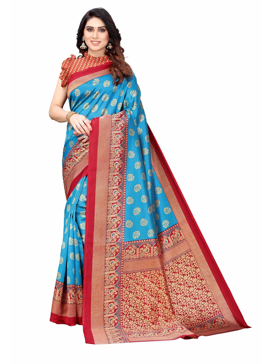 

AADVIKA Turquoise Blue & Red Ethnic Motifs Art Silk Mysore Silk Saree