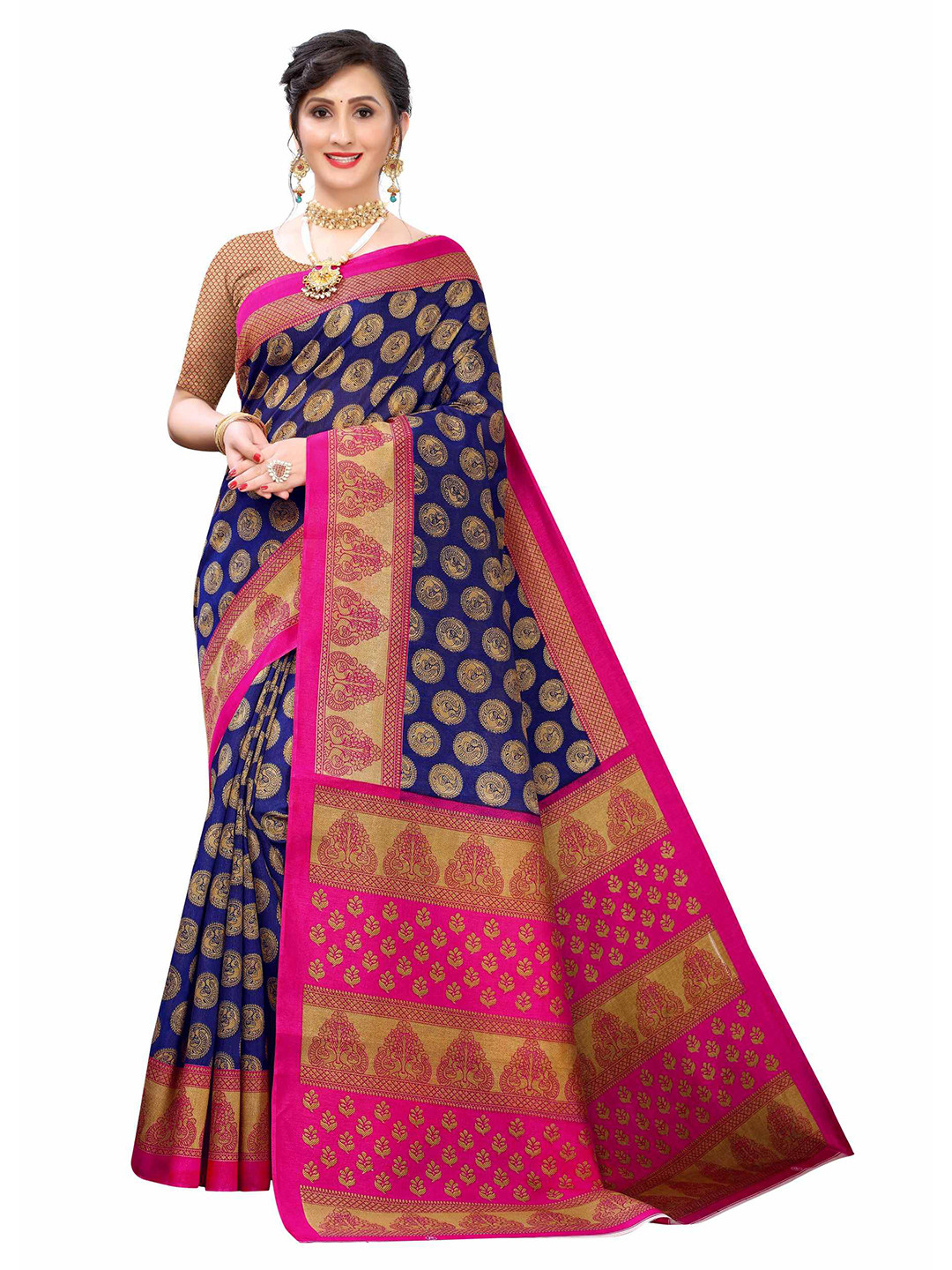 

AADVIKA Blue & Pink Woven Design Art Silk Saree
