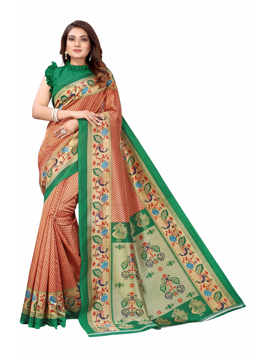 

AADVIKA Green & Red Floral Mysore Silk Saree