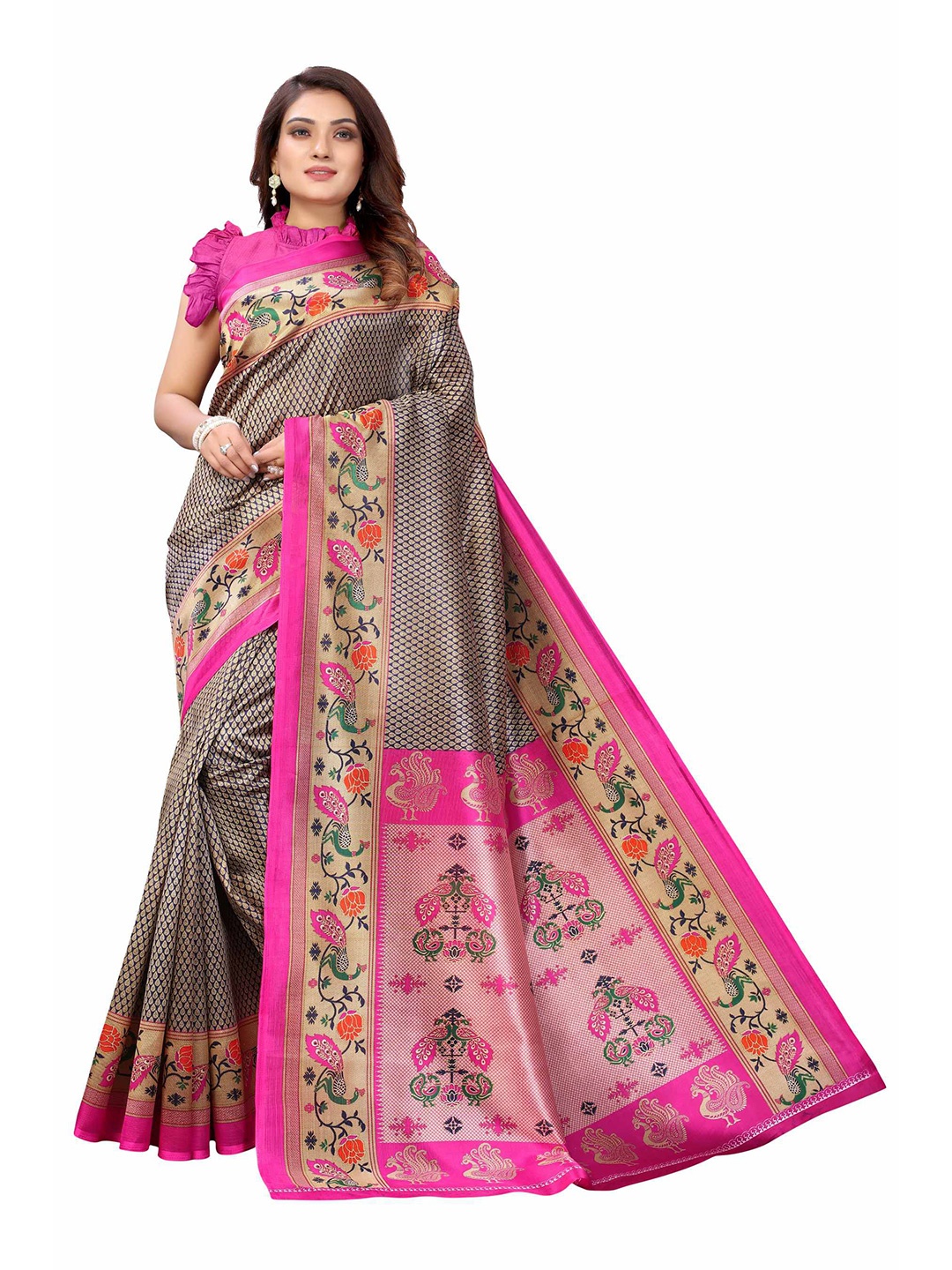 

AADVIKA Pink & Black Woven Design Art Silk Saree