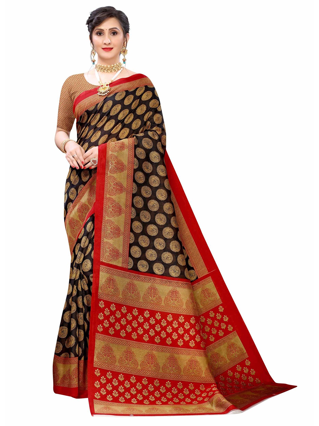 

AADVIKA Black & Golden Ethnic Motifs Art Silk Saree
