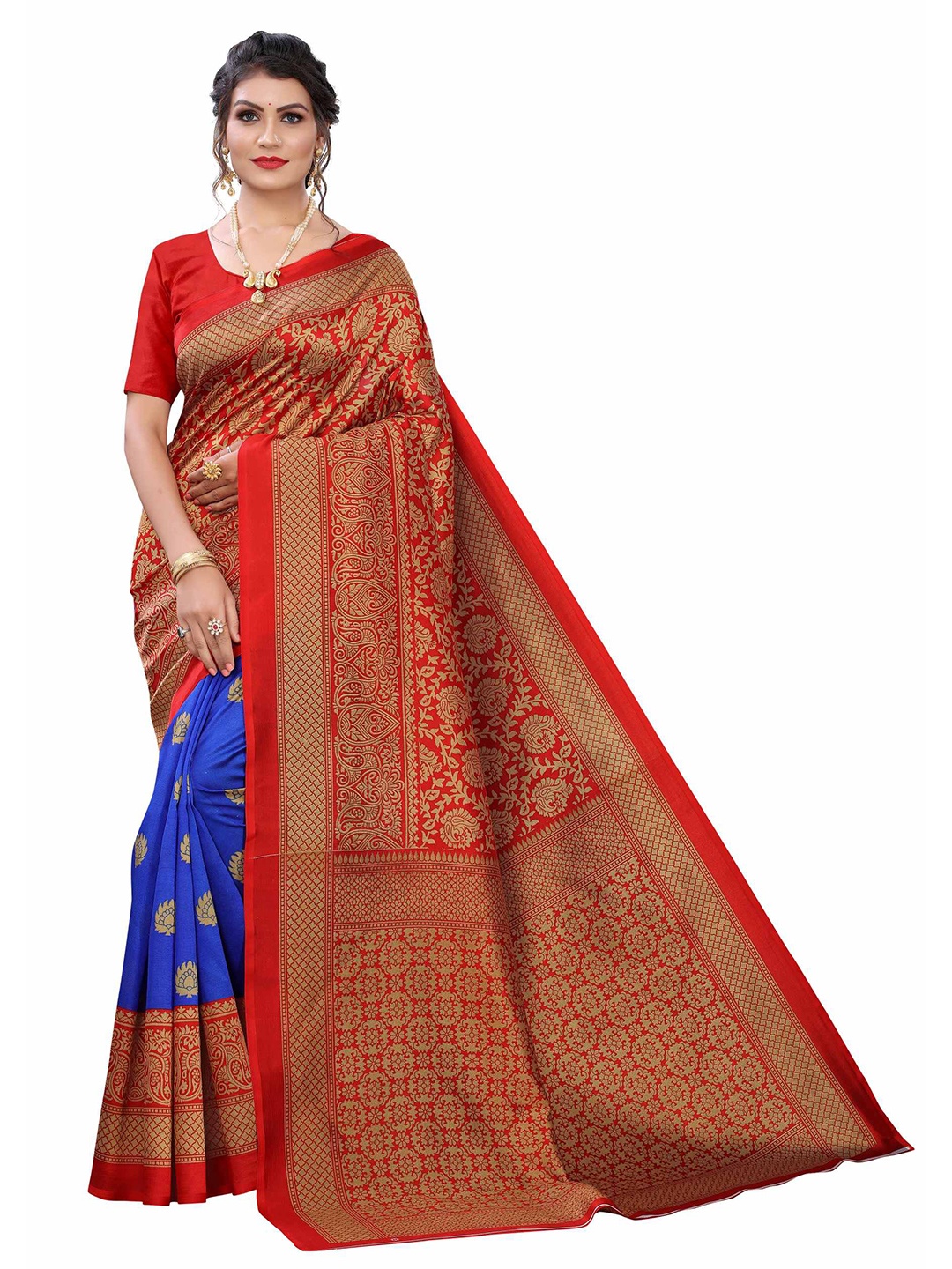 

AADVIKA Red & Blue Floral Art Silk Mysore Silk Saree