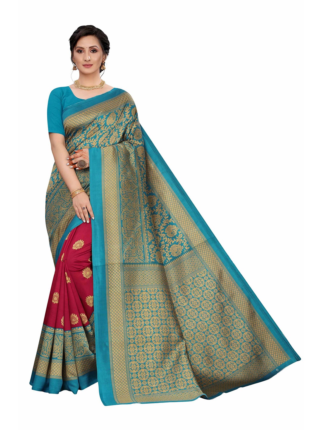 

AADVIKA Sea Green & Red Ethnic Motifs Art Silk Saree