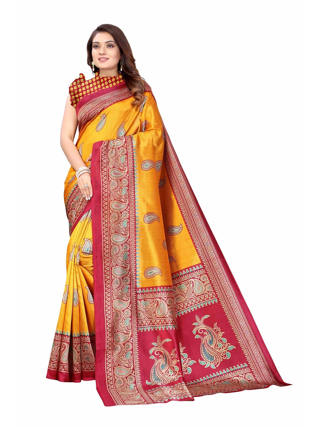 

AADVIKA Maroon & Yellow Paisley Art Silk Saree